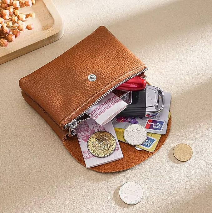 Genuine Real Leather Coin Purse Small Wallet for Women Men, Card Holder Case, Jewery Lipstick Organizer (Caramel)