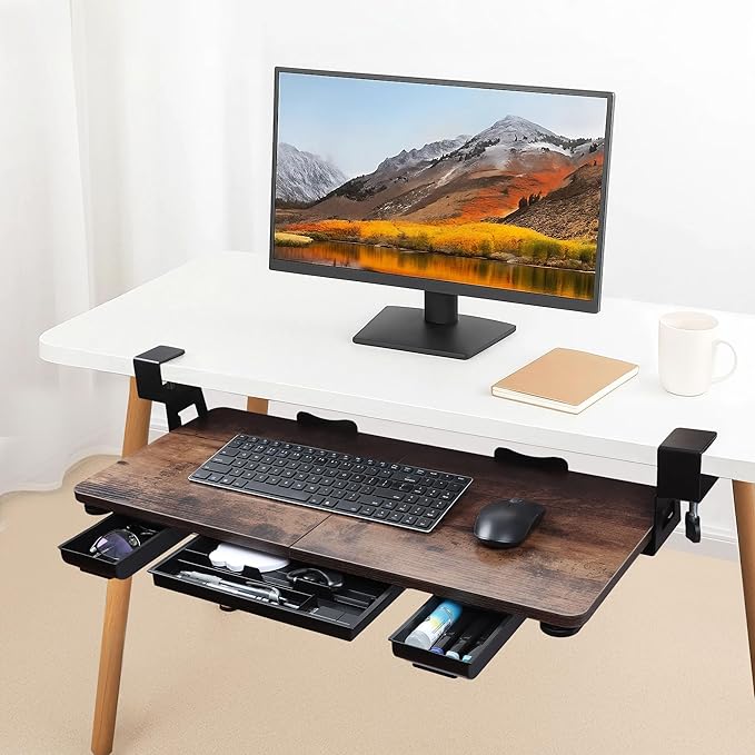 Large 26.77" Keyboard Tray Under Desk with Storage Drawer - Heavy Duty C-Clamp Mount, Ergonomic Computer Keyboard Stand for Home Office, Easy Install (Mahogany)
