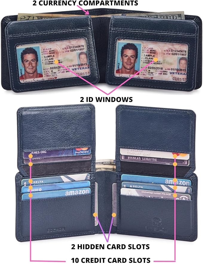 Cochoa Wallet for Men Bifold Leather RFID Blocking High Capacity Slim Card Case with 2 ID Window for Gift (Nappa, Midnight Navy)
