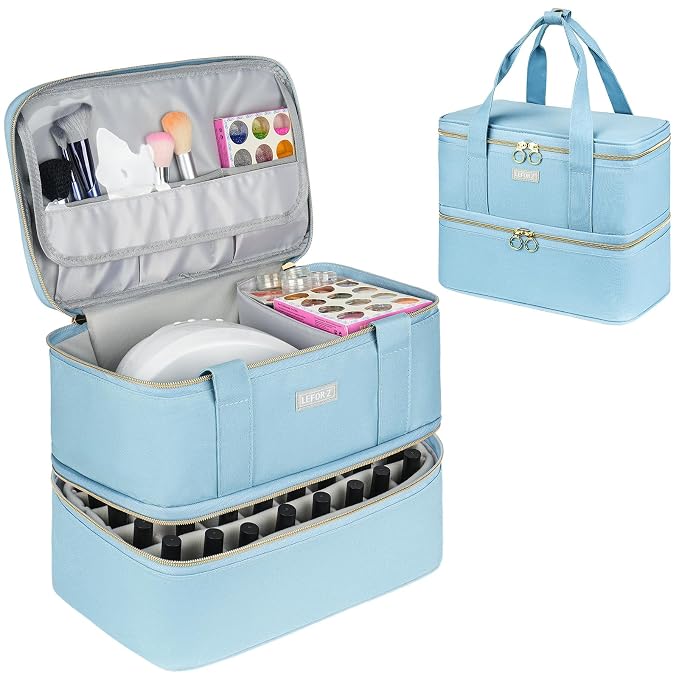 LEFOR·Z Nail Polish Organizer,Double-Layer Nail Organizers and Storage,Nail Polish Carrying Case for 40 Bottles (15ml-0.5 fl.oz) and Nail Lamp,Portable Nail Polish Holder for Nail Supplies,Light Blue