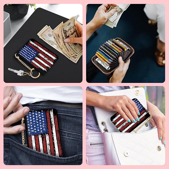 Blusabaca Women's RFID-Blocking American Flag Wallet, Leather, 12 Card Slots, 2 Coins, Zipper Closure, Waterproof