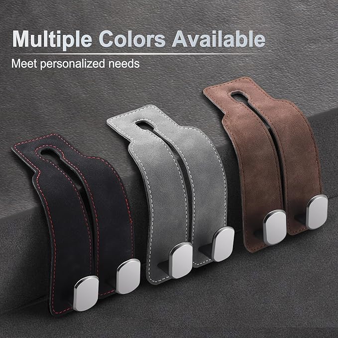 LivTee Headrest Purse Hook for Car, Seat Hook Hangers Storage Organizer for Bags and Coats Holder, Upgrade Leather Double Hook and Mobile Phone Holder for Universal Vehicle Car Accessories(Black-2PCS)