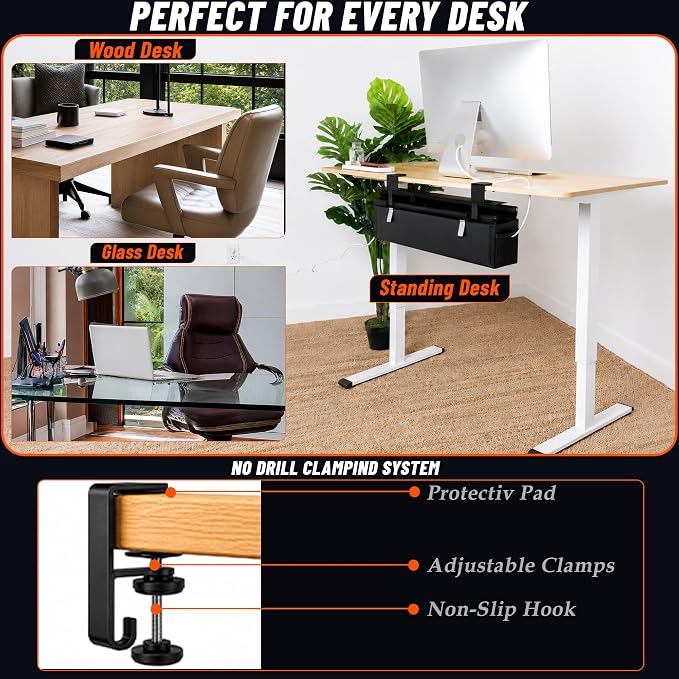 Under Desk Cable Management Tray, 28", Black Standing Under Cable | No Drill, Fabric Cord Organizer with Reinforced Base, Clamp Mount Wire Management, For Office/Home & Standing Desk
