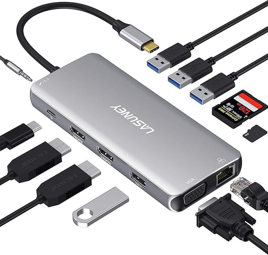 LASUNEY 12 in 1 Hub, Hub Multiport Adapter Dongle with 2 HDMI, DisplayPort, RJ45, SD/TF, USB C/A Ports, PD, Mic/Audio, Compatible for MacBook Dell HP Lenovo