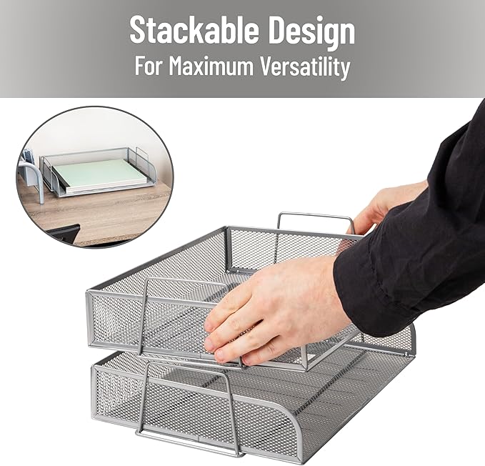 Mind Reader Stackable Paper Tray, Desktop Organizer, File Storage, Office, Metal Mesh, 2 Pcs., Silver