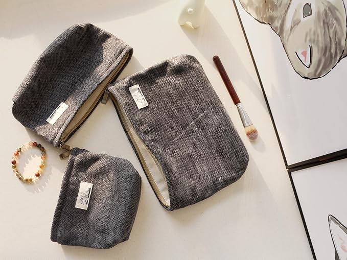 HAPPYHEIDI Gray Velvet Makeup Bag Set 3 with Compartment Cosmetic Toiletry Travel Pouch,Purse Accessory Organizer, 3-Size, Canvas Lined