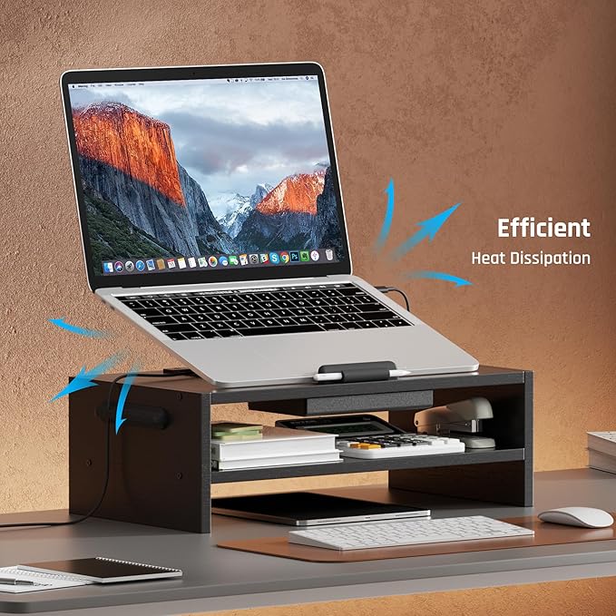 Adjustable Wood Laptop Stand, Ergonomic Height Angles Computer Holder Riser for Desk Compatible with Air, Pro, Dell, HP, Lenovo More 10-17.3" Laptops, Black