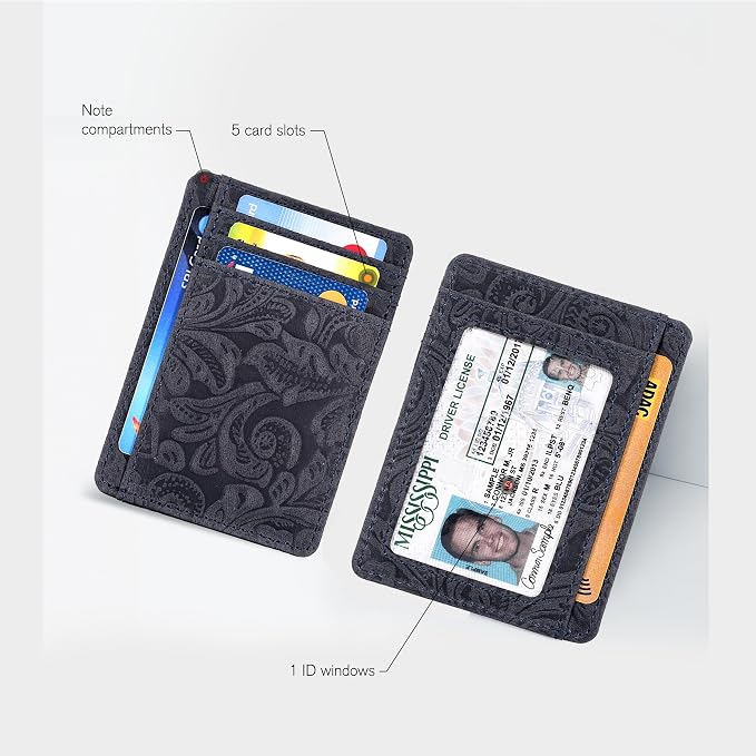 Real Leather Slim Minimalist Wallet for Men and Women -RFID Blocking Front Pocket Thin Credit Card Holder Stylish Wallets (Navy Blue)