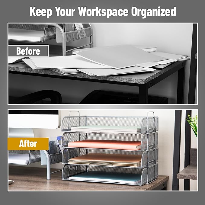 Mind Reader Stackable Paper Tray, Desktop Organizer, File Storage, Office, Metal Mesh, 4 Pcs., Silver