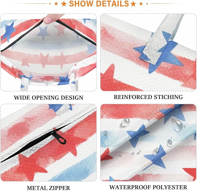Travel Laundry Bags 2 PC Wet Dry Bag with Handle Dirty Clothes Organizer for Swimsuits Beach Camping Waterproof Washable July 4th Stripes Stars White
