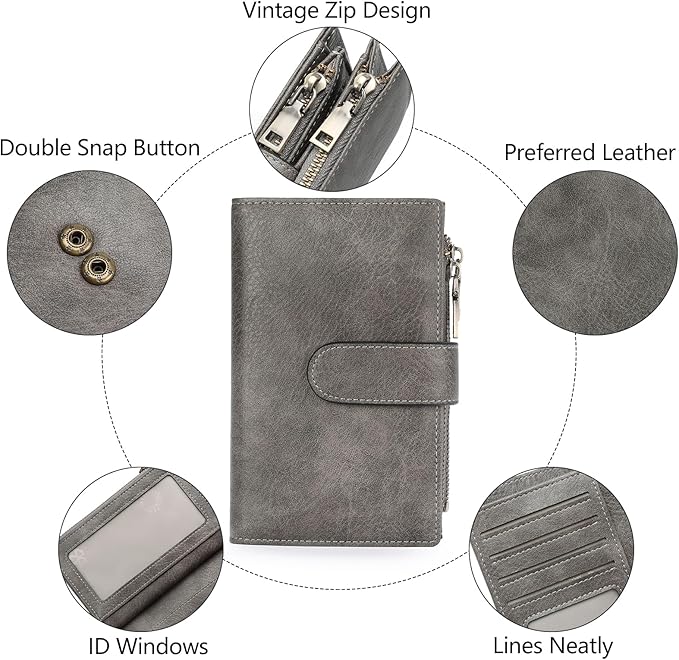 GOIACII Womens Wallets RFID Blocking Leather Trifold Clutch Wallet Credit Card Holder Ladies Purse 3 ID Windows Grey
