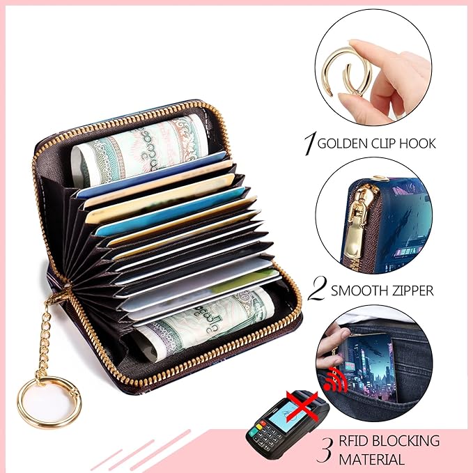 Blusabaca Cyberpunk Neon Art Credit Card Holder for Women, Small RFID Wallet with Zipper, Card Keychain Wallet, Leather Card Case, Business RFID Blocking Accordion Purse Wallet Gift