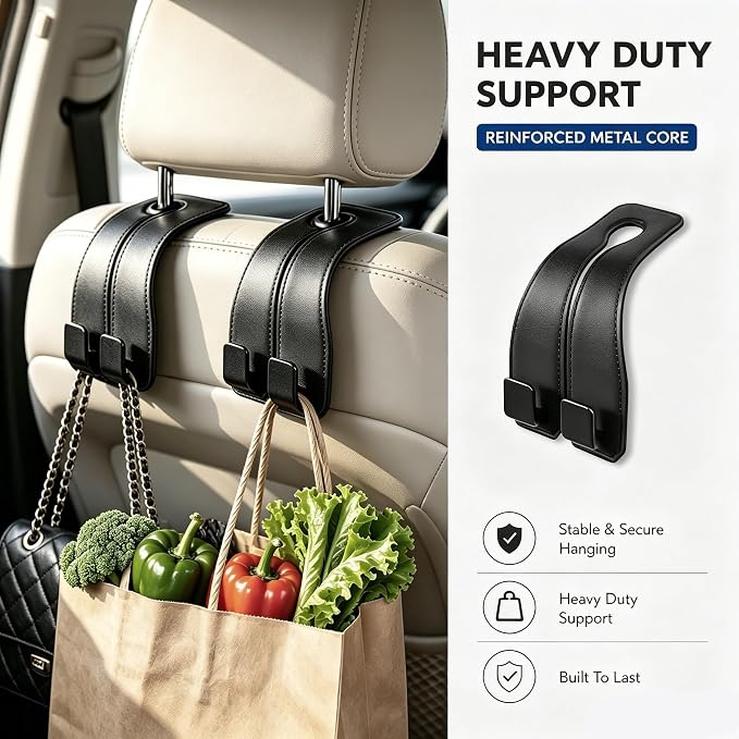 vidonio 4 Pack Leather Headrest Hooks for Car, Double Car Seat Back Storage Hook for Purses, Handbags and Grocery Bags, Heavy Duty Car Purse Holder, Universal Car Seat Headrest Hanger Accessories