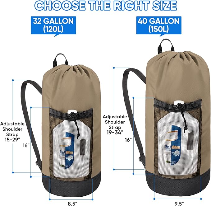 BALEINE 150L Laundry Bag Backpack, 900D Oxford Fabric Large Travel Laundry Bags with Shoulder Straps and 2 Mesh Pockets for College Dorm, Apartment, Laundromat (Khaki, 150L)