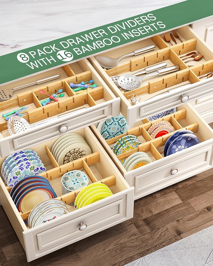 Kitchen Drawer Dividers - Adjustable Drawer Organizer for Clothes, Kitchen, Closet & Office - 8 Pack with Inserts, 13.8-18.8 Inches, Non-Slip Silicone Ends