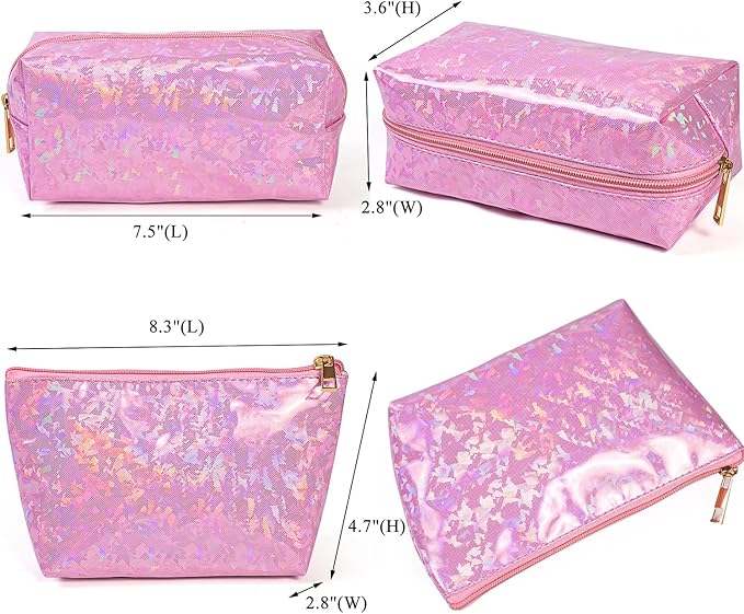 3 Pieces Makeup Bags Double Layer Travel Large Holographic Cosmetic Cases Organizer Toiletry Bags Waterproof Small Zipper Pouch for Women Makeup Brush Storage Bag,Light Pink