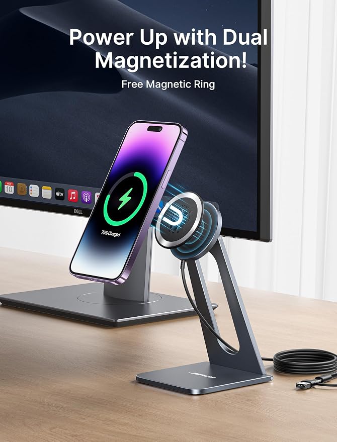 for iPhone 17 MagSafe Charger Wireless Charger Stand, JSAUX Magnetic Charger for iPhone 17e/17 Air Pro Max/16/15/14/13/12 Series/Airpods, Aluminum Alloy, Wireless Charging Stand - Grey