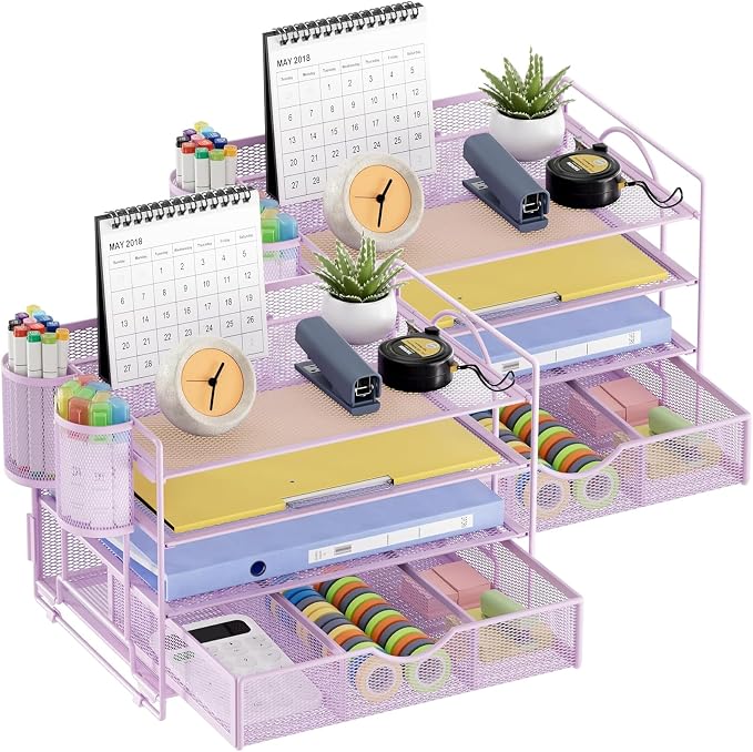 Marbrasse Desk Organizer and Accessories4-Tier Paper File Letter Tray Accessories & Workspace Desk Organizers with Drawer and 2 Pen Holders for School Home Office Supplies (Purple) 2Pack