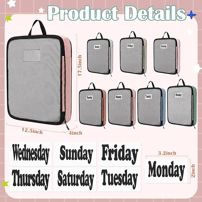 7 Pcs Packing Cubes for Travel Days of Week Compression Packing Cube with Labels Organizers Luggage Storage Bag(Vibrant Color,Large)