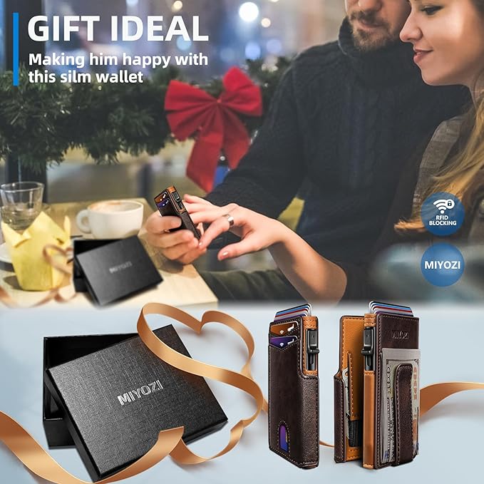 miyozi Wallet for Men with Money Clip Coins Pocket ID Window Gift Boxed,Slim Smart Front Pocket RFID Blocking Wallet Pop-up Card Holder in Magnetic Leather Flip 3.9"x 2.7"