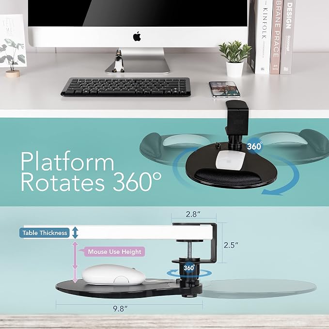 EHO Clamp-On Mouse Platform with Gel Wrist Rest, 360° Rotating Under Desk Mouse Tray with Slide-in Storage, Ergonomic Space-Saving Armrest for Left or Right-Hand Use, TAA-Compliant