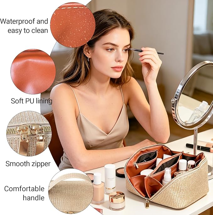 Travel Makeup Bag with Compartments & Organizers – Flat Open Cosmetic Pouch for Women, Purse-Style Design for Traveling, Perfect for Toiletries & Cosmetics(Gold)