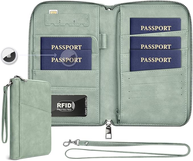 Family Passport Holder Wallet RFID Travel Document Organizer for Women Men, Portable Case Cover for Cards, Boarding Pass with Wrist & Neck Double Strap, Travel Gifts (Sage Green, 1pack)