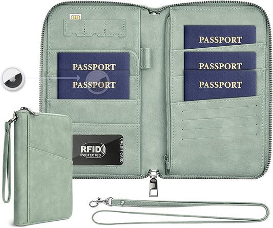 Family Passport Holder Wallet RFID Travel Document Organizer for Women Men, Portable Case Cover for Cards, Boarding Pass with Wrist & Neck Double Strap, Travel Gifts (Sage Green, 1pack)