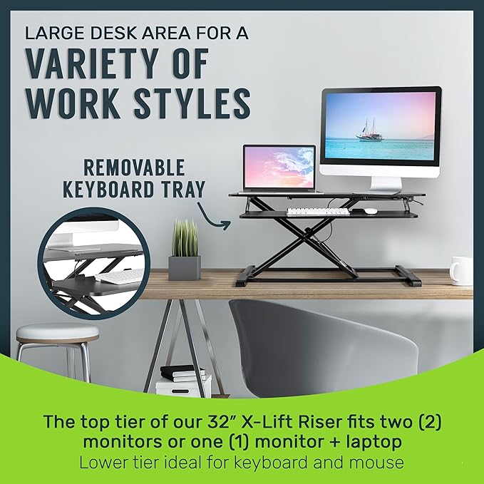 TechOrbits Standing Desk Converter - 32 Inch Adjustable Sit to Stand Up Workstation, Particle Board, Dual Monitor Desktop Riser with Keyboard Tray, for Home Office Laptop, Black 32"