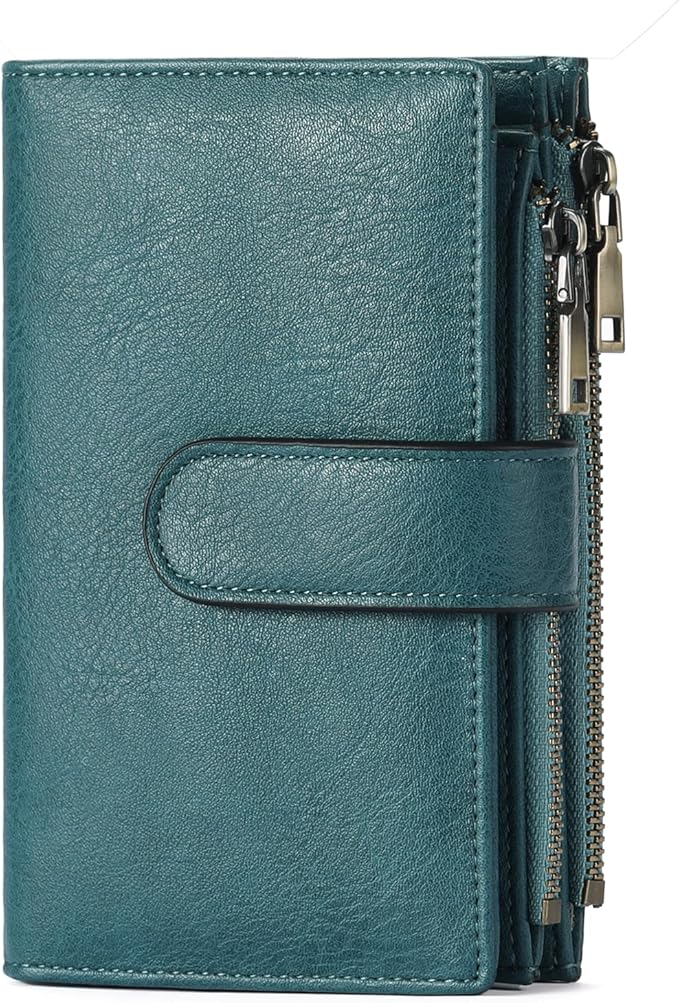 GOIACII Womens Wallets RFID Blocking Leather Trifold Clutch Wallet Credit Card Holder Ladies Purse 3 ID Windows Teal