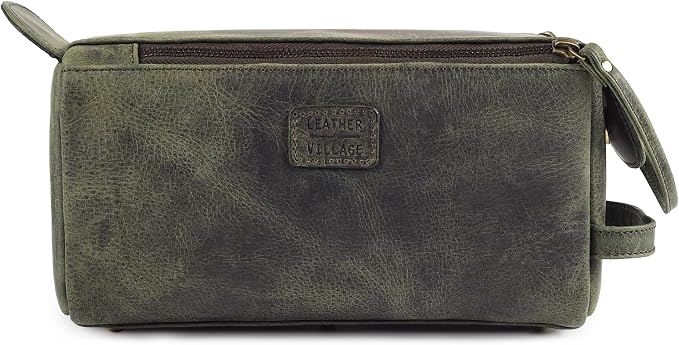 LEATHER VILLAGE Genuine Leather Travel Toiletry Bag - Water-Resistant Dopp Kit for Toiletries, Large Shaving Bag & Bathroom Organizer - Gift for Men & Women - Olive