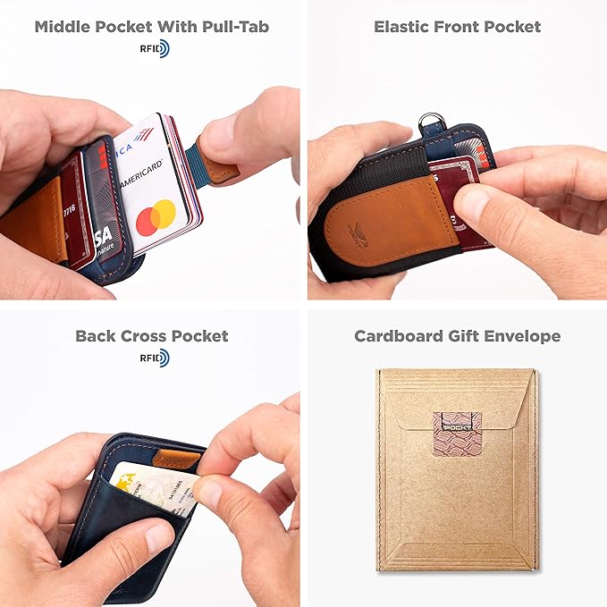 POCKT Card Holder Wallet For Men and Women - Slim Minimalist Front Pocket Wallet Elastic Credit Card Holder Genuine Leather RFID Blocking Card Case Wallets