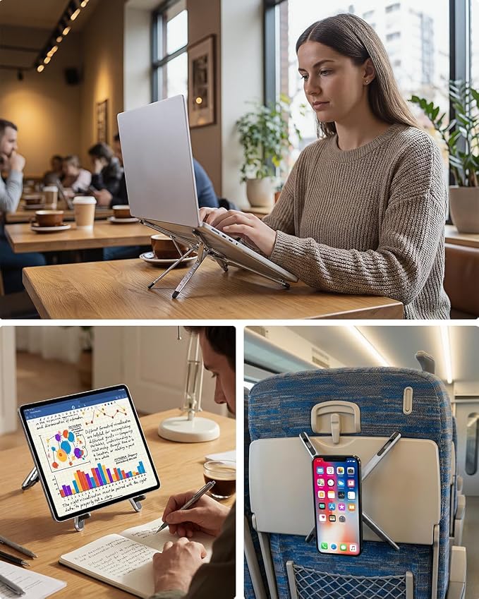 Viozon Portable Laptop Stand for Desk, Foldable Adjustable Computer Riser with Magnetic Phone Holder, Aluminum Laptop Stand for 10–16” Laptops & 4–13” Phones/Tablets (Silver)