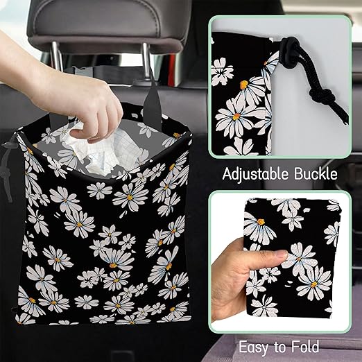 Small Daisy Flowers Car Garbage Bag,Waterproof Small Car Trash Bag Hanging Back of Seat,Drawstring Hanging Car Trash Bag with Adjustable Buckle for Car Accessories