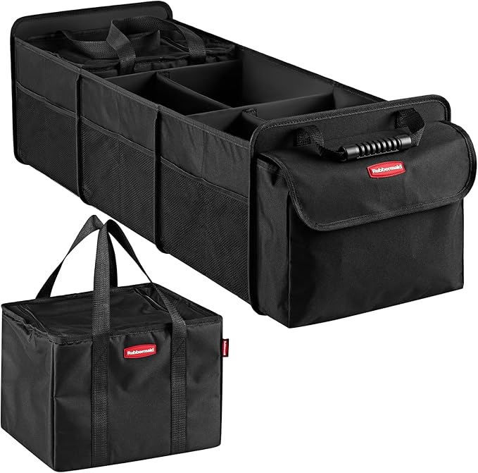 Rubbermaid Car Organizer, Collapsible Trunk Organizer with Removable Leakproof Cooler Bag without Lid, Multi-Compartment Car Storage Organization for Car Accessories, 5 Compartments Without Cover,