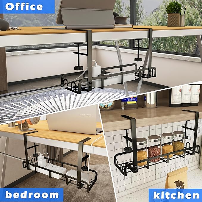 Sleclean Under Desk Cable Management Tray, Upgraded Long Arm Clamp, 16.6"x4.7" No Drill Steel Organizers, Cable Tray with Clamp for Wire Management, Home - No Damage to Desk