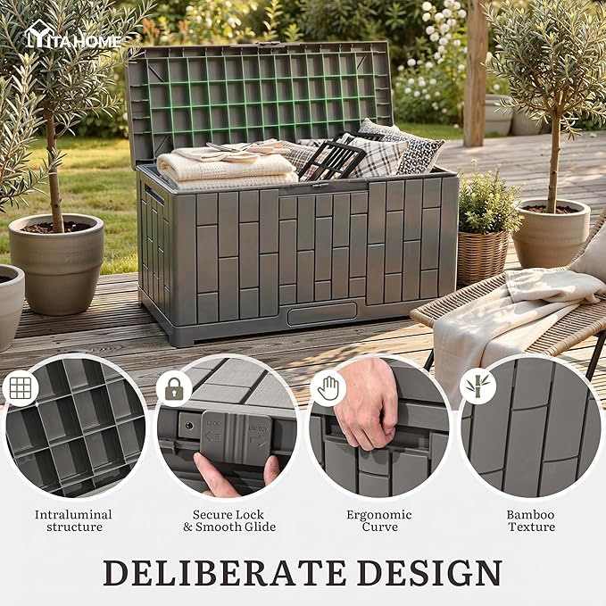 YITAHOME 60 Gallon Outdoor Storage Box, Waterproof Resin Deck Box with Slide-Locking Lid, Patio Storage Bin and Bench Seat for Patio Furniture, Garden Tools and Pool Accessories, Light Brown
