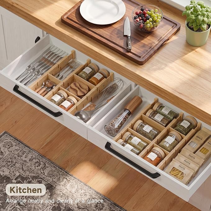 Bamboo Drawer Dividers, Expandable Kitchen Drawer Organizer, Include 6 Dividers, 6 Small Inserts and 6 Medium Inserts for Home, Office, Dressers