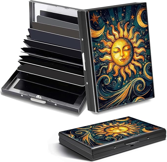 Credit Card Holder, Sun Moon Stars Design Mini RFID Blocking Aluminum Wallet Slim Metal Hard Case Shell Travel Wallet ID Case Small Credit Cards Case Business Cards for Women Men Girls
