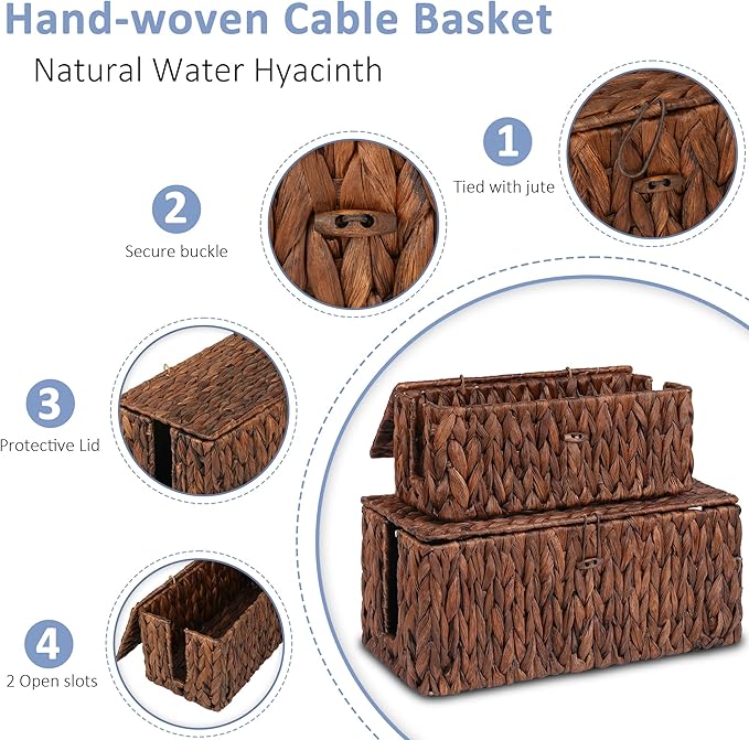 efluky 2 Pack Hand-Woven Cable Management Boxes, Water Hyacinth Cord Organizer Box with Lid, 2 Open Slots Cable Organizer Basket to Hide Power Strip and Charger for Home & Office and Dorm,Brown