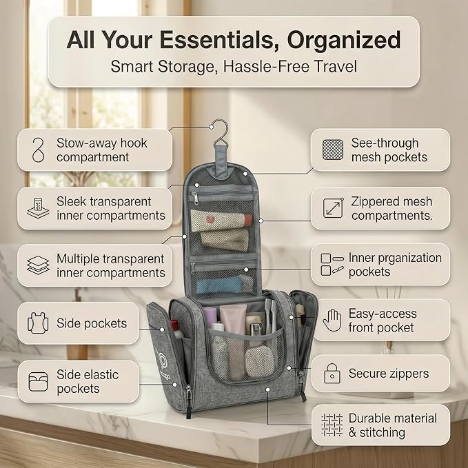 Bago Travel Toiletry Bag for Women and Men X-Large Waterproof Hanging Large Toiletry Bag for Bathroom and Travel Bag for Toiletries Organizer -Travel Makeup Bag (SnowGray)
