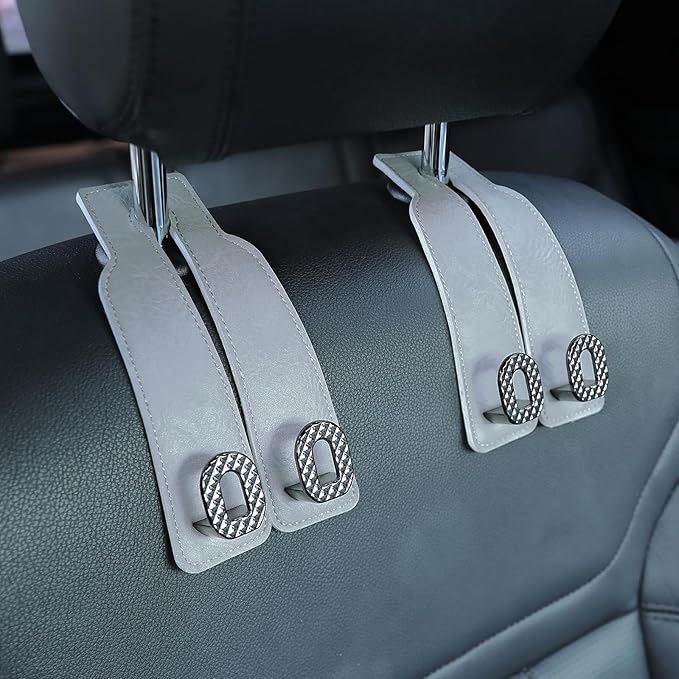 Car Headrest Hooks Universal Car Purse Hook Premium Leather and Alloy Twin Hook Car Seat Back Storage Hanger Hook for Purse Bags Cloth Drink Durable Holder Car Accessories (BH09-Grey-Black)