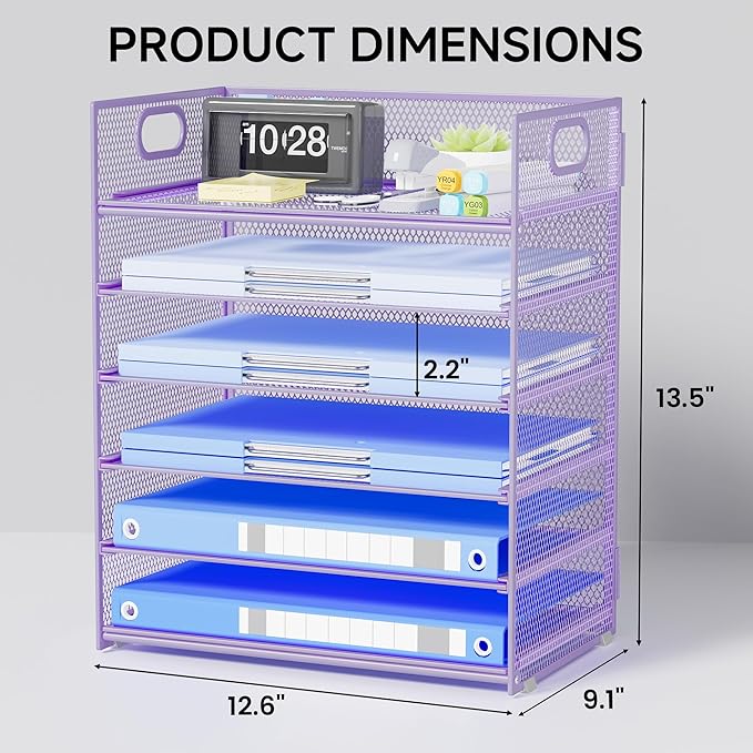 Purple Paper Organizer for Desk with Handle, 6-Tier Metal Mesh File Organizer | Stackable Desktop Organizer for Office Supplies & Stationery Storage