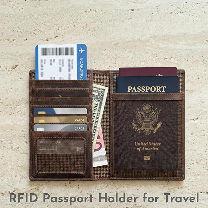 SETTINI Genuine Leather Passport Holder for Travel with AirTag Slot — RFID Blocking Passport Wallet, Find My Compatible, 6 Card Slots & ID Window, Compass Design, Gift Box (AirTag Not Included)