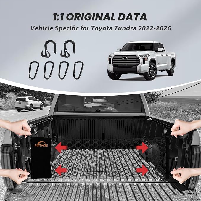 Truck Bed Cargo Net for Toyota Tundra 2022-2026, Envelope Style Pickup Truck Bed Net for Tundra Accessories, Upgraded Trunk Cargo Net Storage Bag with Metal Carabiners