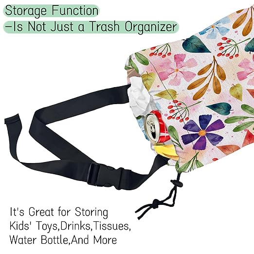 Spring Flower Car Garbage Bag,Waterproof Small Car Trash Bag Hanging Back of Seat,Drawstring Hanging Car Trash Bag with Adjustable Buckle for Car Accessories