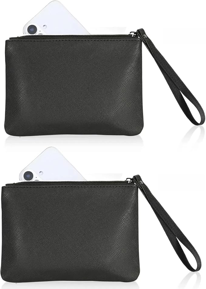 2 Pack Small Zipper Pouch Mini Makeup Bag for Purse Lipstick Cosmetic Travel Make Up Organizer for Women Essentials Feminine Products, Car Change Coin Holder 8x5 Phone Wristlet Wallet, Black