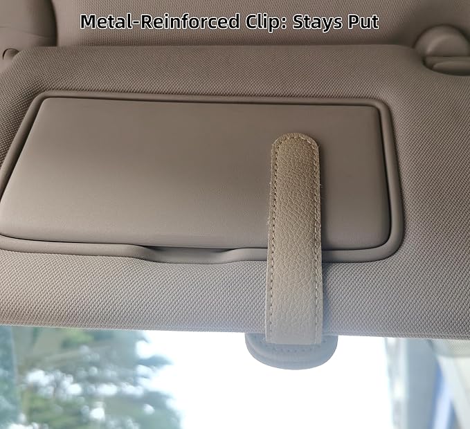 GoldenLife Sunglass Holder for Car, Magnetic Leather Sunglasses Holder and Ticket Card Clip, Car Visor Accessories, 2 Packs（Beige）