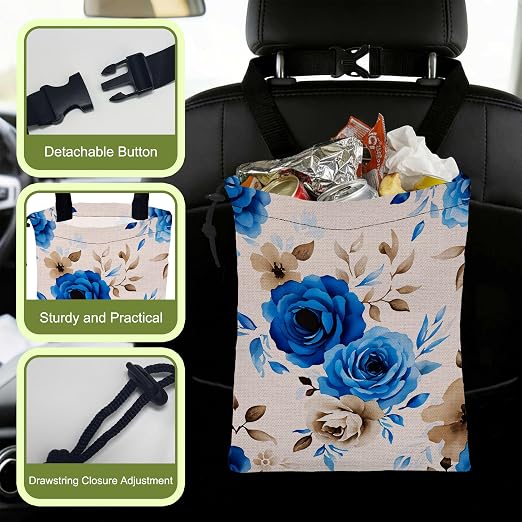 Car Garbage Bag Vintage Blue Roses Hanging Canvas Car Trash Bag Waterproof Drawstring Car Back Seat Organizer for Car Back Front Seat Console with Adjustable Buckle