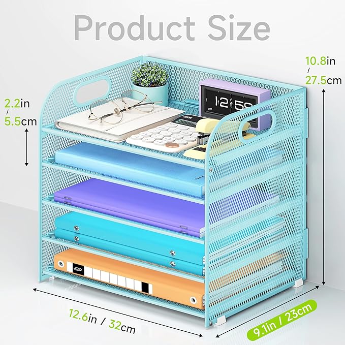 Cawukege 2 Pack 5 Tier Paper Organizer, Letter Tray with Handle, Mesh Desk Organizer, Metal File Organizer, Office Desk Accessories for Home, Office, Classroom, School -Blue